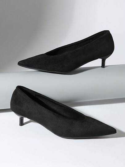 French Pointed Toe High Heels, Solid Color Velvet Trim, Shallow Kitten Heels, Niche Retro High Heel Pumps, Spring/Summer New, Minimalist Commute/Work Shoes, Synthetic Sole, Easy To Clean (Hand Wash/Dry Clean), Suitable For Home, Business, Casual, Beach, Holiday, Party, And Office Casual Wear - Elegant Ladies High Heel Pumps