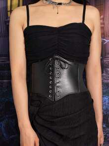 1pc Solid Color Slimming Lace-Up Women Corset Belt, Suitable For Various Occasions - Black - View 3