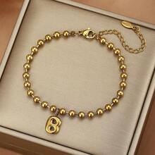 26 piezas Pulsera con dijes de letras iniciales, pulsera de acero inoxidable con cuentas doradas con letras de burbuja, adecuada para uso diario de mujeres, la caja de regalo es solo para fines de fotografía - Dorado - View 24