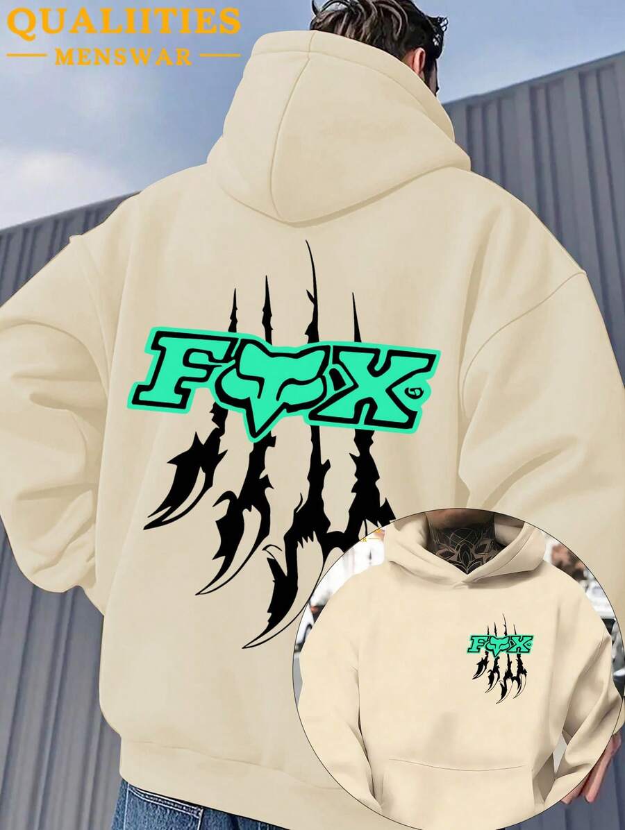 The Men's Style Is Suitable For Black Casual Fashion In Spring And Autumn Or Winter, Integrating Hardcore Extreme Sports Culture With American Street Style Hooded Plush Warm Hooded Sweatshirt. The Bold And Wild "FOX" Words On A Red Background And White Border Are The Core Visual, Matched With White Claw Print, And The Arms Are Also Printed With Corresponding FOX Patterns. The Multi-Functional Sports And Casual Loose Fit Is Suitable For Daily Travel And Street Wear, Made Of Soft Fabric - Apricot - View 1