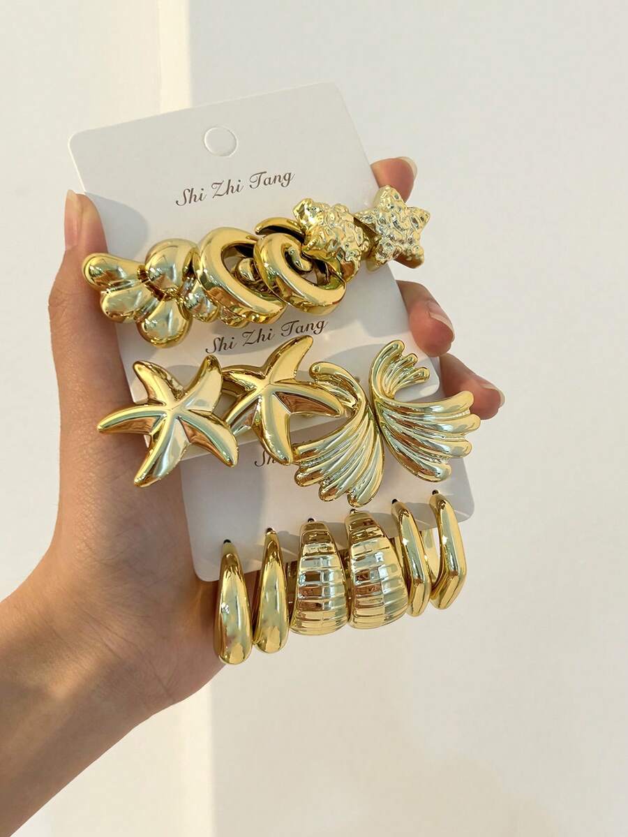 4/6件套夸张永生花耳环套装，大号C形五瓣花，蝴蝶系列，适合日常及节日佩戴，ABS树脂材质 - 彩色 - 查看 1