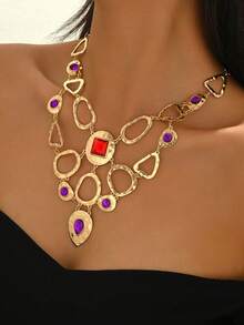 1 Stück übertriebene Farbblock geometrische Edelstein-Halskette, metallische asymmetrische Choker-Halskette, hochwertiges Abendkleid-Accessoire - Goldgelb + mehrfarbig - Übersicht 2