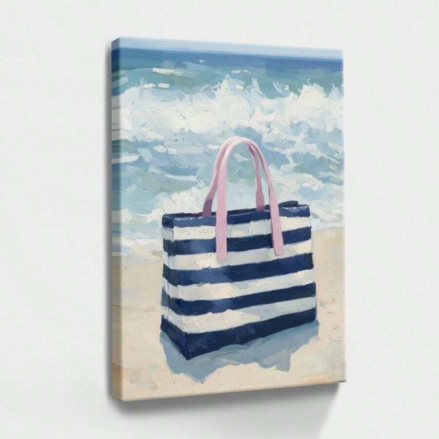 1 pza Cuadro decorativo de verano, estilo playa y océano, póster en lienzo enmarcado, bolsa de playa y arena - Estilo costero y acuarela, decoración para cumpleaños, para sala, recámara u oficina, incluye herrajes. - Lienzo enmarcado - Ver 1