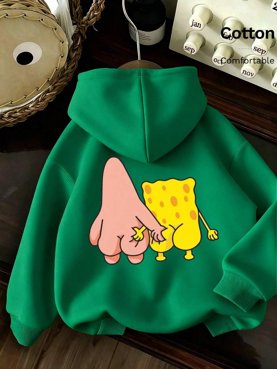 SpongeBob SquarePants 女士秋冬纯棉卡通动物印花落肩长袖休闲卫衣，百搭，氛围/复古/街头/英伦/学院风，情侣连帽衫，适合情人节、约会、浪漫郊游、节日礼物 - 鮮綠 - 查看 1