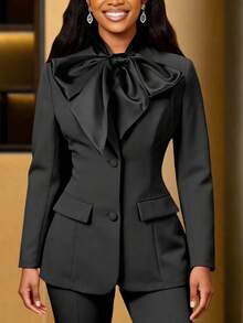 Áo khoác blazer nữ màu đen thanh lịch với nơ satin lớn, tay dài, thích hợp cho các dịp công sở trang trọng, mùa xuân. - màu đen - Xem 1