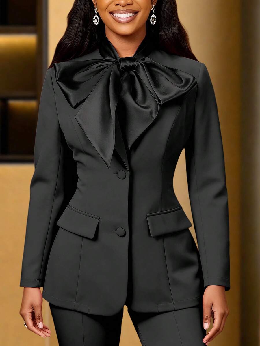 Áo khoác blazer nữ màu đen thanh lịch với nơ satin lớn, tay dài, thích hợp cho các dịp công sở trang trọng, mùa xuân. - màu đen - Xem 1