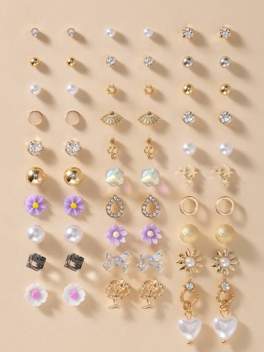 30 Pairs/Set Delicate Metal Tree, Shell, Pearl, Heart Shaped Earrings Gift Set For Women - Multicolor - View 1