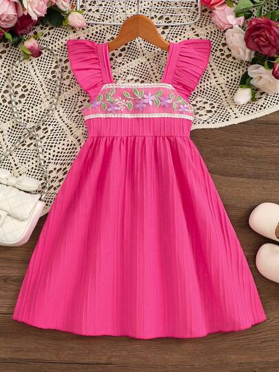 夏季女童刺绣荷叶袖连衣裙，收腰公主裙，亮粉色女童连衣裙