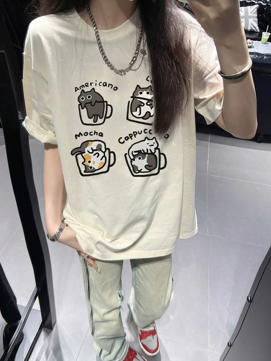 夏季新款独特设计字母卡通印花圆领休闲百搭少女纯棉短袖T恤 - 杏色 - 查看 1