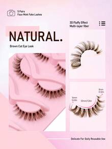 Rikuaild 5 Pairs Reusable Brown Curling Cat Eye Eyelash, Clear Band Natural Invisibility Lightweight Fox Eye Lashes, Brown False Eyelashes Faux Mink Lashes Fluffy Strip False Lashes Natural Look Eyelashes Lash Extension Wedding Travel DatIing Makeup - 眼尾拉長款 - 查看 5