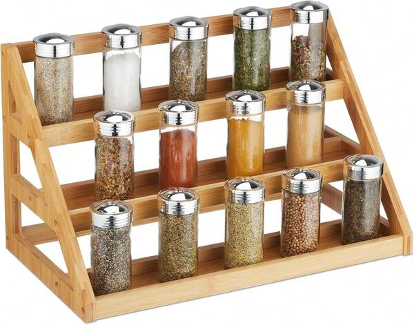 Especiero de bambú, altura x anchura x profundidad: 23,5 x 39,5 x 21,5 cm, 3 estantes, especiero independiente, almacenamiento de especias, acabado natural