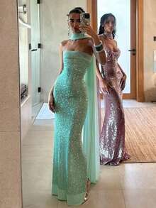 Sexy Women's Evening Dress Elegant Tube Top Slim-Fitting Long Dress Sequined Split Backless Sequined Dress - 薄荷綠 - 查看 2