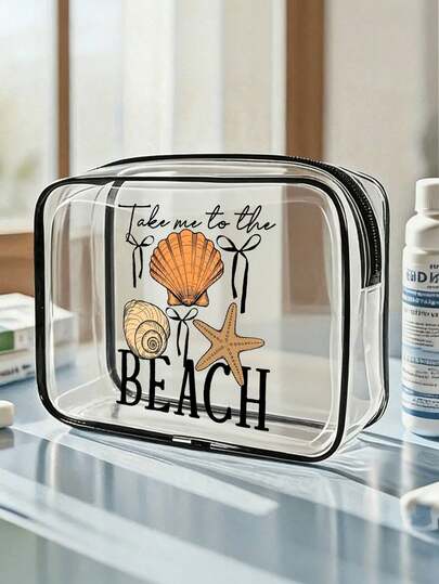 "Take Me To The Beach" Letter Print PVC Waterproof Beach Bag With Seashells And Starfish, PVC Toiletry Bags, PVC Travel Organizer Pouch With Zipper Closure - Lightweight Fade-Resistant Makeup & Toiletry Bag For Women & Men, TSA-Approved Portable Cosmetic Case, Easy Wipe-Clean Design, Cosmetic Bag For Mother, Teacher, Friend, Nurse, Cosmetic Bag, Travel Essentials Bag For School Vacation Holiday Back To School Supplies Wash Bag, Mother's Day Gift, Travel Essential