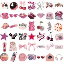 50张卡通粉色贴纸，Y2K风格都市女孩贴纸，可爱粉色贴纸，适用于水瓶、吉他、行李箱、手机壳、笔记本电脑、滑板、礼物等。 - 彩色 - 查看 6
