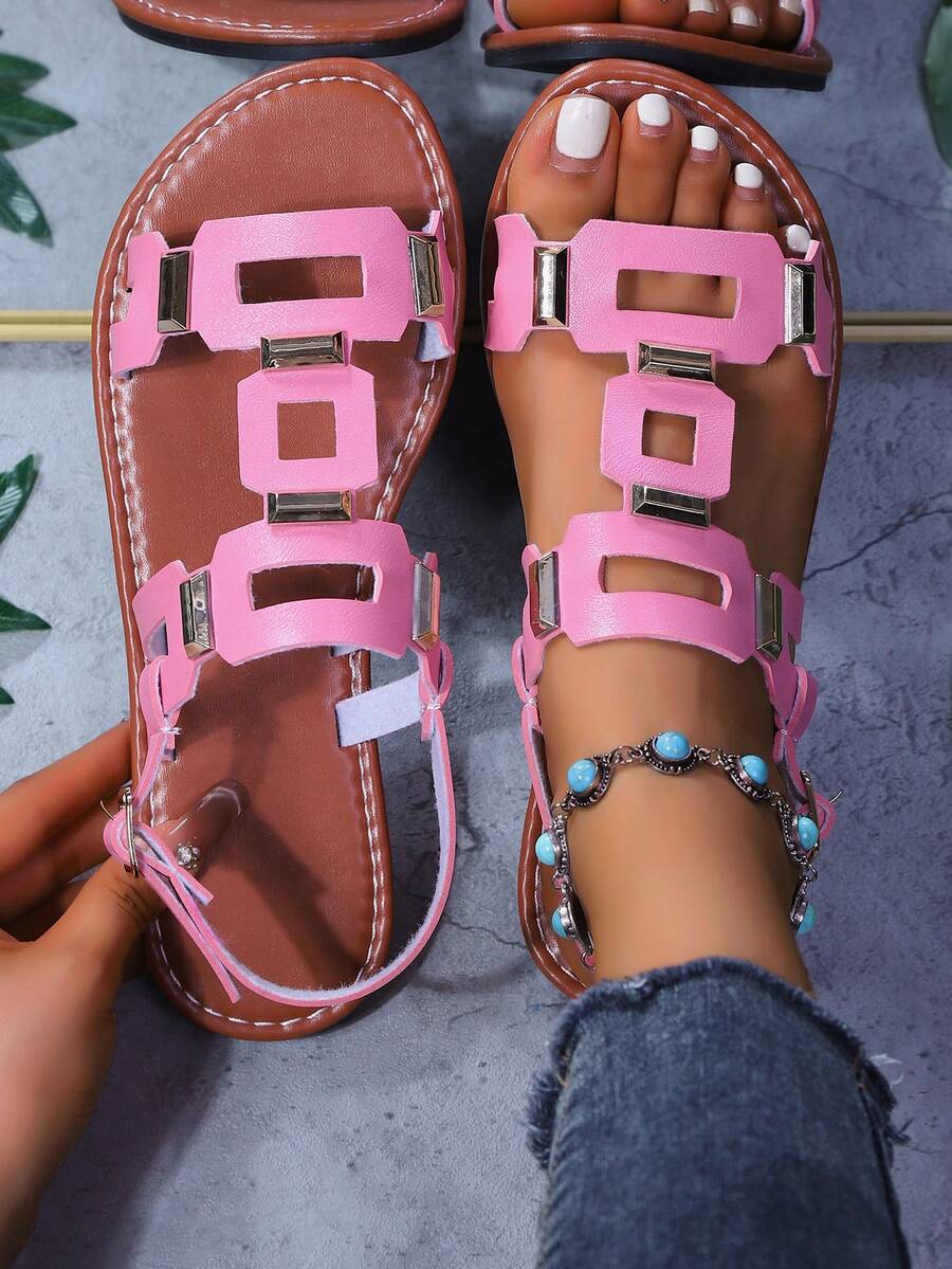 Women's Rivet Hollow-Out Comfortable Flat Sandals, Gladiator Sandals, Summer, Solid Color Bohemian PU Leather Rivet Buckle Flat Sandals For Beach - Pink - View 1