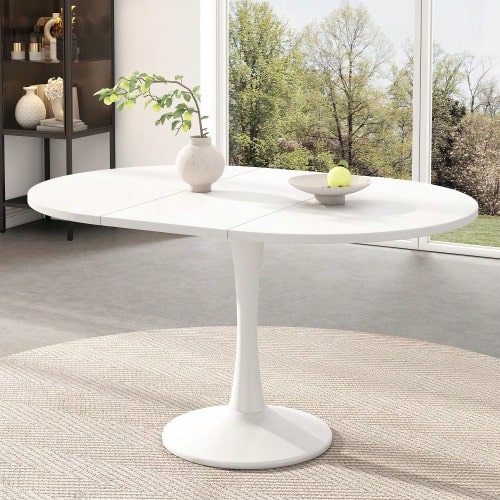 Extendable Dining Table, Oval Table, Coffee/Lounge Table, Length 100/140 X Width 100 X Height 75 Cm, Modern And Minimalist Dining Table, White - White - View 1