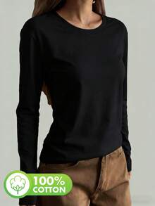 Áo thun nữ dài tay cổ tròn màu đen, kiểu dáng cơ bản thời trang, áo mặc thường ngày mùa xuân/thu, có thể giặt máy, thoải mái cho mọi mùa, 100% cotton, áo thun cotton nữ. - màu đen - Xem 1