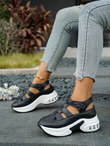 女士夏季镂空罗马凉鞋，新款透气休闲运动鞋 - 黑色 - 查看 2