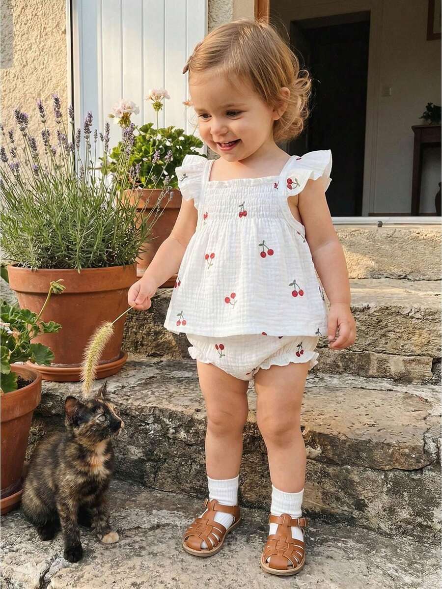 Conjunto de 2 Piezas para Niña Pequeña, Top con Cuello Cuadrado, Mangas Volantes y Estampado de Cerezas + Shorts - Blanco - Ver 1