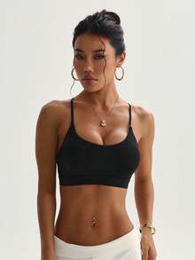 Sujetador deportivo de punto de unicolor con cuello redondo y espalda cruzada para mujer, casual y deportivo - Negro - Ver 2