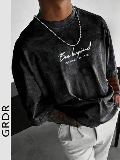  GRDR Men's Retro American Style English Slogan Printed Washed Round Neck Short Sleeve T-Shirt, Comfortable & Breathable For Summer