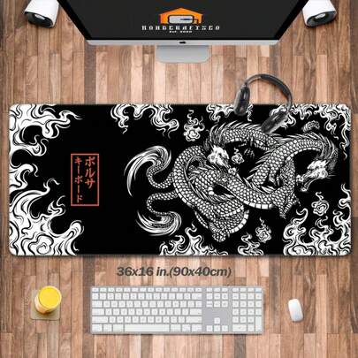 Oriental Japanese Dragon Desk Mat,Japan Vintage Anime Design  Ideal Gaming Desk Decor & Extended Keyboard Laptop Computer Mat,Gfit For Gamer Large Gaming Mouse Pad For Desk, Mouse Pad 35.4X15.7 Inch,Waterproof Desk Pad,Non-Slip Rubber Base Mice Pad,Keyboard Pad Computer Mat,White Mouse Pad