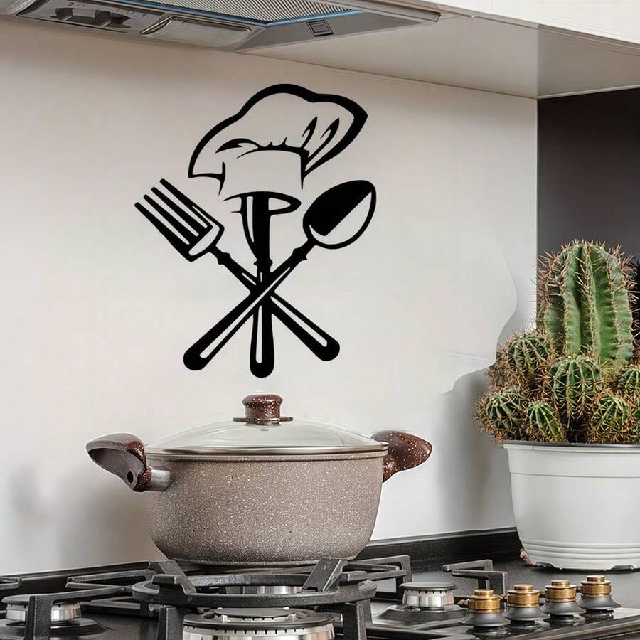 1 miếng dán vinyl hình mũ đầu bếp và dụng cụ nhà bếp, có thể tháo rời, tự dính, chống thấm nước, thích hợp cho phòng ăn, nhà bếp, phòng khách và trang trí nhà cửa. - Nhiều màu - Xem 1