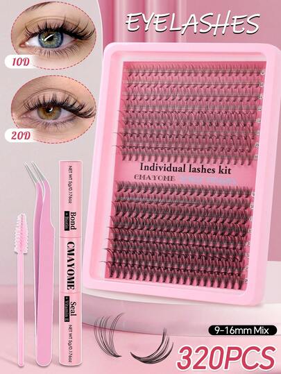 320PCS Individual Lash Clusters, 9-16mm Long Reusable False Eyelashes, 10D+20D/30D+40D/50D+60D Large Capacity D-Curl DIY Lash Clusters, Multi-Type Natural Look And Super Lightweight False Eyelashes Eyelash Extension Kit, Suitable For Daily Makeup, Cosplay, Festival And Travel Using