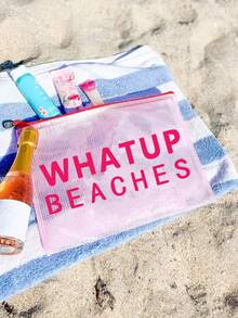 多色防水时尚网布沙滩包，化妆包，印有“WHATUP BEACHES”字样，沙滩主题，大容量透明化妆包，轻便防晒收纳包，沙滩必备，带尼龙拉链的洗漱包，适合游泳、沙滩、潜水和暑假，学生返校季，生日、节日、派对、婚礼（伴娘）的完美礼物和纪念品 - 彩色 - 查看 6