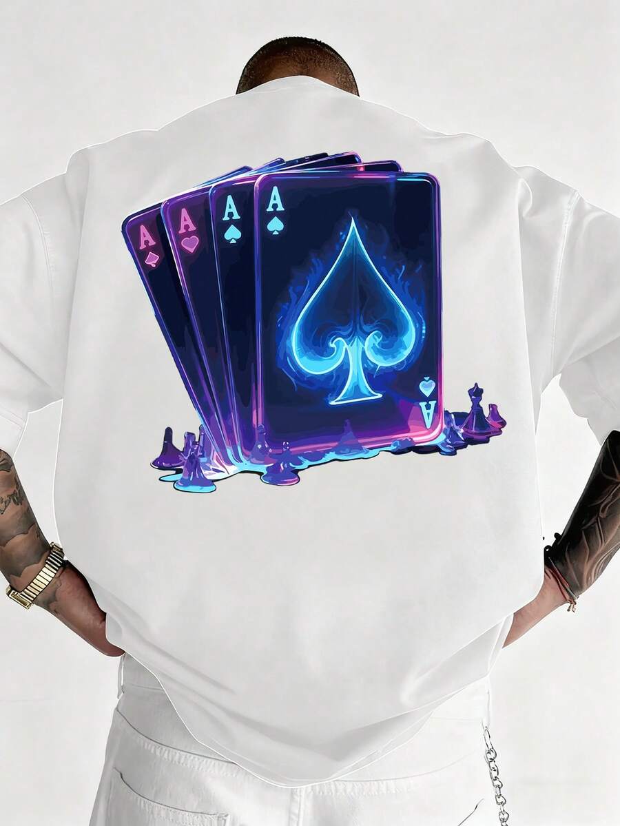 Áo thun nam tay ngắn cổ tròn in hình quân bài, thời trang, đa năng và cá tính. - trắng - Xem 1