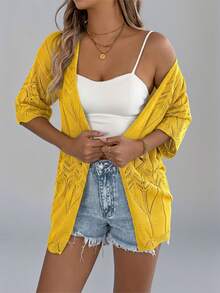 Nuevo cárdigan de punto de manga corta con diseño calado para el verano, chaqueta fina tipo cubrecosturas para playa y vacaciones para mujeres - Amarillo - Ver 3