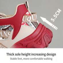 FZY New Spring/Summer High-Top Women's Sneakers, Featuring A Thick Sole For Added Height, A Retro Color-Block Design, Breathable Mesh Lining, And A Non-Slip, Durable Rubber Outsole. Suitable For Students Commuting To School And Working Professionals For Everyday Wear. Lightweight And Cushioned For Comfort, These Sneakers Feature Unique Printed Webbing Details. The Beige-Red Color Blocking Is Flattering And Stylish, While The White-Brown Color Blocking Is Versatile And Goes With Everything. The Soft, Bouncy Insole Ensures Comfortable Wear Even After Extended Periods. These Elegant Women's Shoes Combine Comfort And Style, And Are Suitable For All Seasons As High-Top Platform Running Shoes Or Versatile Women's Tennis Shoes Perfect For Easter. - 紅色 - 查看 11