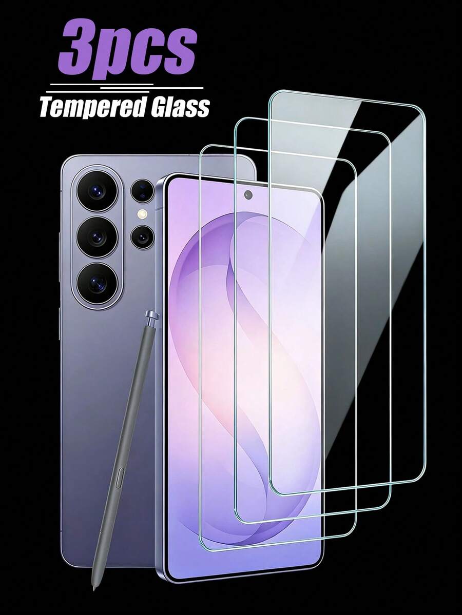 3pcs [Hydrophobic And Oleophobic Dual-Effect Screen Protector] Made Of High-Hardness Tempered Glass, Designed To Be Shatter-Resistant And Lightweight With A Smooth Surface, This Screen Protector Offers A Gentle And Soft Touch Experience, Effectively Preventing Scratches And Fingerprint Stains, And Has Basic Water-Repellent Function. The Perforated Design Makes It Easy To Install Without Curling Or Bulging. Suitable For Office, Travel, And Other Scenarios, Compatible With S24FE/S23FE/S21FE/S20FE/S26 Ultra/S26 Plus/S26/S25 Edge - Clear - View 1