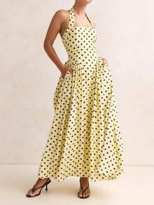Women's Summer Yellow Polka Dot Halter Neck A-Line Maxi Dress Sleeveless Flowy Figure Flattering Party Casual Dress For Daily Beach Date Night Easy Gift - 黃色 - 查看 2