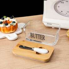 1 Set Acacia Wood Lid Glass Butter Dish. Thick Glass Butter Container With Bamboo Lid, Suitable For Home Kitchen, Large Capacity For Butter/Cookies/Snacks Storage, Ideal As Gift, Christmas Present - View 5