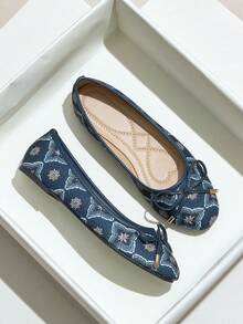 2025秋季新款复古中国风平底鞋，圆头蝴蝶结芭蕾舞鞋，舒适休闲女士乐福鞋 - 藍色 - 查看 3