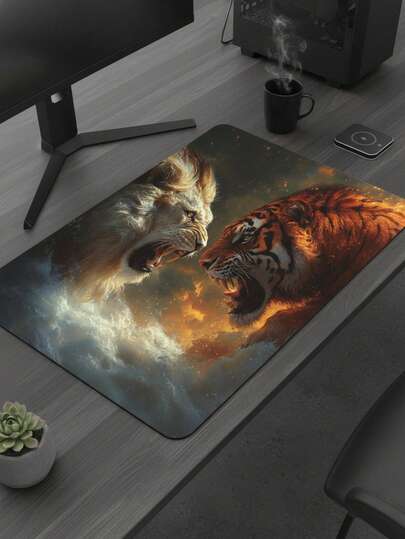 Large Size Waterproof Non-Slip Smooth Cloth Surface Lion And Tiger Confrontation (Golden Lion And Red Tiger) Illustration Pattern Mouse Pad, Suitable As Keyboard Pad, Desk Mat Or Book Pad, Suitable For Gamers, Office And Dorm Use, Compatible With Mouse And Trackball, Gift For Gamers