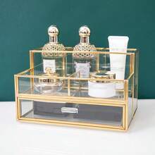 Cosmetic Storage Box With Drawers, Cosmetics Storage On The Dresser And Bathroom Table, And Gold Transparent Glass, Suitable For Lipstick, Perfume, Cosmetics - Gold - View 3
