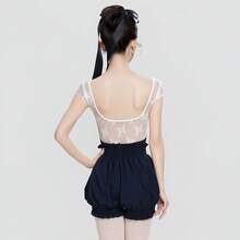 Daydance1 Piece Of Women's Ballet Leotard Adult Flowered Lace Bodysuit Short Sleeve Gymnastics Dance Bodysuits Ballerina Leotard - Navy Blue - View 5