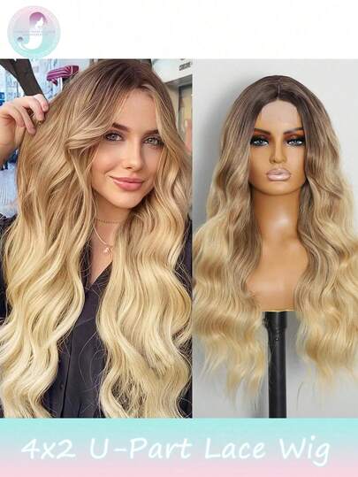 4x2 U型蕾丝假发，金色长款波浪假发，24英寸卷发假发，中分合成蕾丝前假发，耐热纤维假发，适合日常派对佩戴（渐变金色），提升您的造型/增强自信/完美礼物