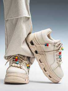 男士串珠厚底休闲运动鞋，独特系带厚底学生鞋 - 米色 - 查看 2