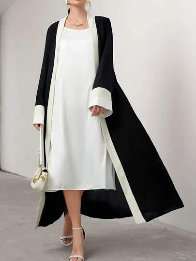 Ramadan Open Front Long Sleeve Dress, Elegant Color Block Fitted Extra Long Dress, Women