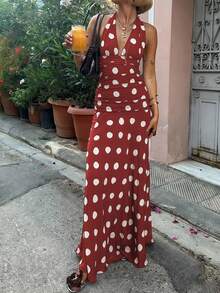 2026春夏新款时尚休闲百搭日常度假撞色波点V领露背修身长裙，波点连衣裙，春假穿搭，情人节女士穿搭，派对连衣裙，沙滩连衣裙，街头风，Y2K风格，粉色连衣裙，生日连衣裙，嘉年华服装，女士正式礼服/长裙，女士奢华晚礼服，女士休闲连衣裙，度假连衣裙，女士毕业礼服，女士婚礼宾客连衣裙，圣帕特里克节连衣裙，女士复活节连衣裙，节日连衣裙，春季优雅服饰 - 紅色 - 查看 6