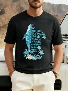 Cotton T-Shirt With Whale Motif, Round Neck, Relaxed Fit, Casual, Comfortable, Graphic Design - Black - View 2