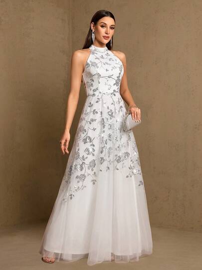 Elegante vestido de noche formal blanco sin mangas con lentejuelas y flores, adecuado para compromiso, boda, boda al aire libre, fiesta, banquete