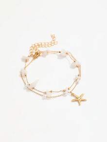 2pcs Bohemian Style Faux Pearl Starfish Pendant Anklet, Asymmetrical Stone Layered Anklet Set For Women - Gold - View 3