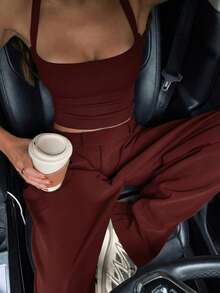 纯色性感露背交叉绑带休闲运动上衣，百搭夏季休闲女装 - 酒紅色 - 查看 4