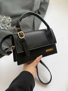 纯色PU皮革拼接蝴蝶结设计方形翻盖斜挎包，适合女性日常通勤、购物、旅行、聚会、夜店、度假、生日礼物等场合。 - 黑色 - 查看 9