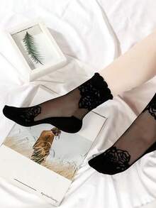 1/2/3 Pairs Crystal Silk Stockings, Lace Trim Women Thin Transparent Mesh Socks, Korean Style Anti-Snag - Multicolor - View 16