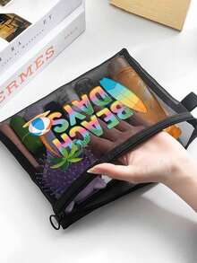 Bolsa de maquillaje de malla de moda, bolsa de malla con estampado de "DÍAS DE PLAYA", bolsa de playa de malla, bolsa de cosméticos de malla, bolsa de playa plegable de gran capacidad impermeable y a prueba de arena, bolsa de regalo personalizada, bolsa de maquillaje, bolsa de almacenamiento de viaje, adecuada para bodas, vacaciones y uso diario, es un regalo de cumpleaños personalizado para mujeres, madres, maestras, amigas, damas de honor, regreso a la escuela, regalo de Pascua - Multicolor - Ver 8